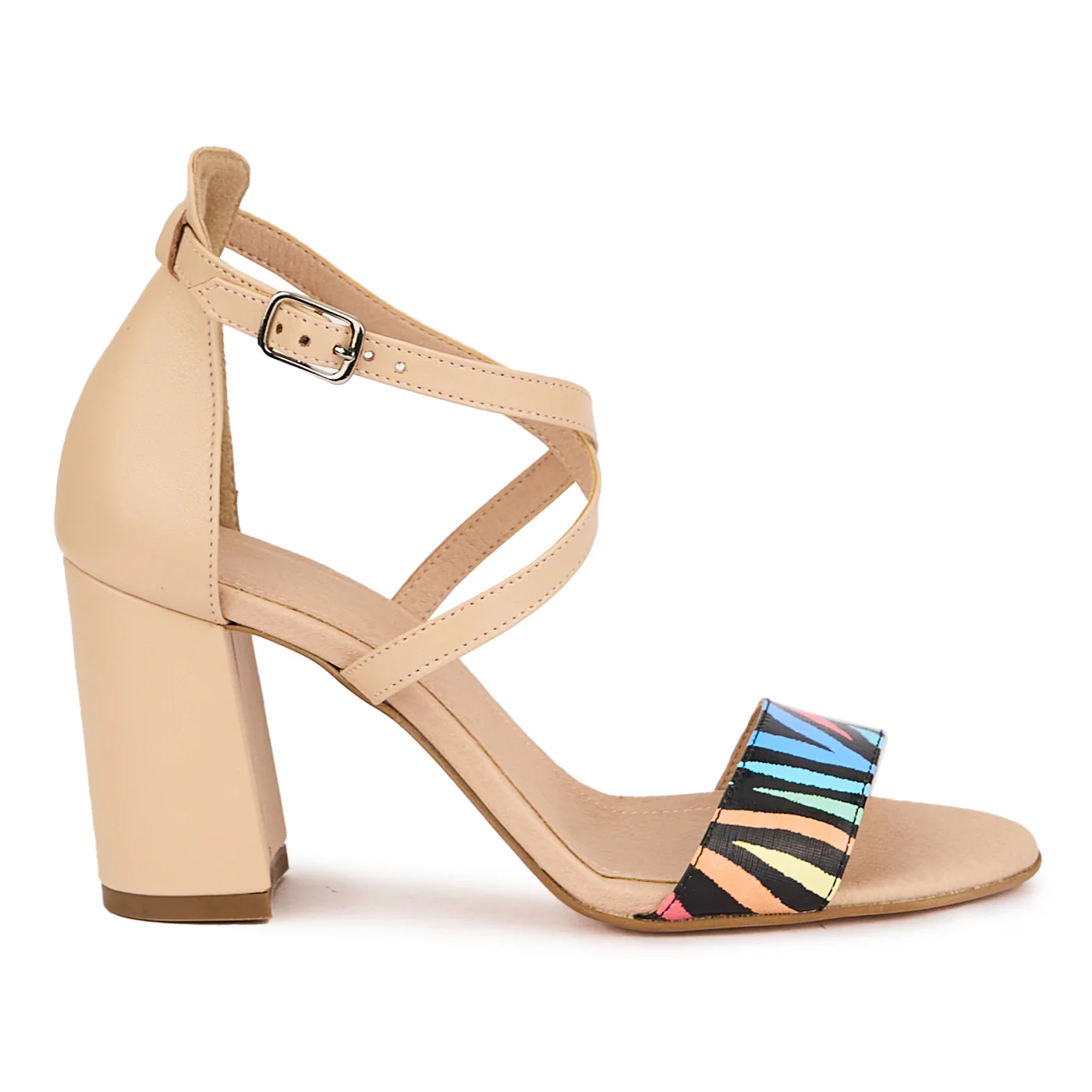 Sandale dama din piele naturala bej + multicolor cu toc gros 8 cm 16497