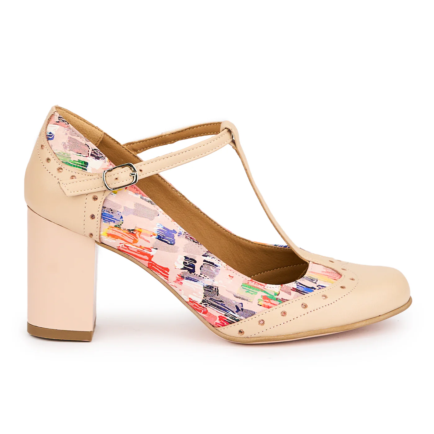 Sandale dama din piele naturala bej-nude cu toc gros 7.5 cm 15173