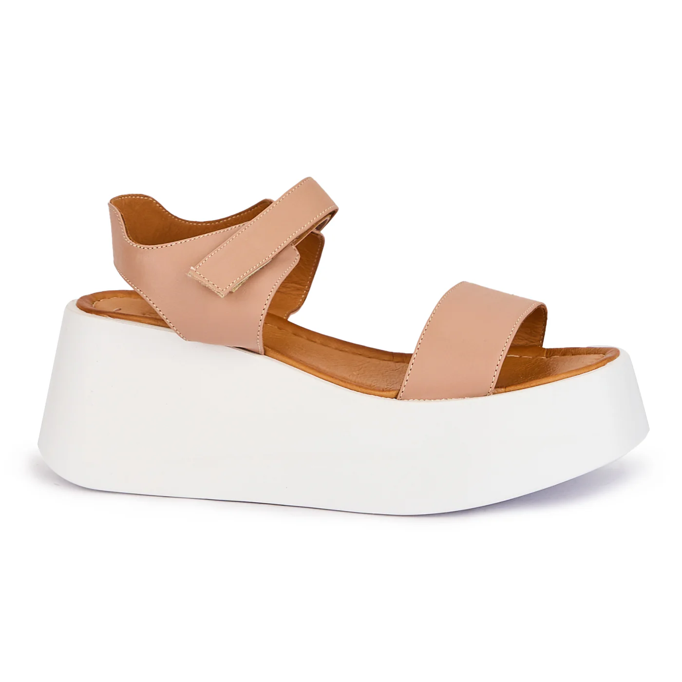 Sandale dama din piele naturala bej-roz cu talpa inalta 7.5 cm 16332