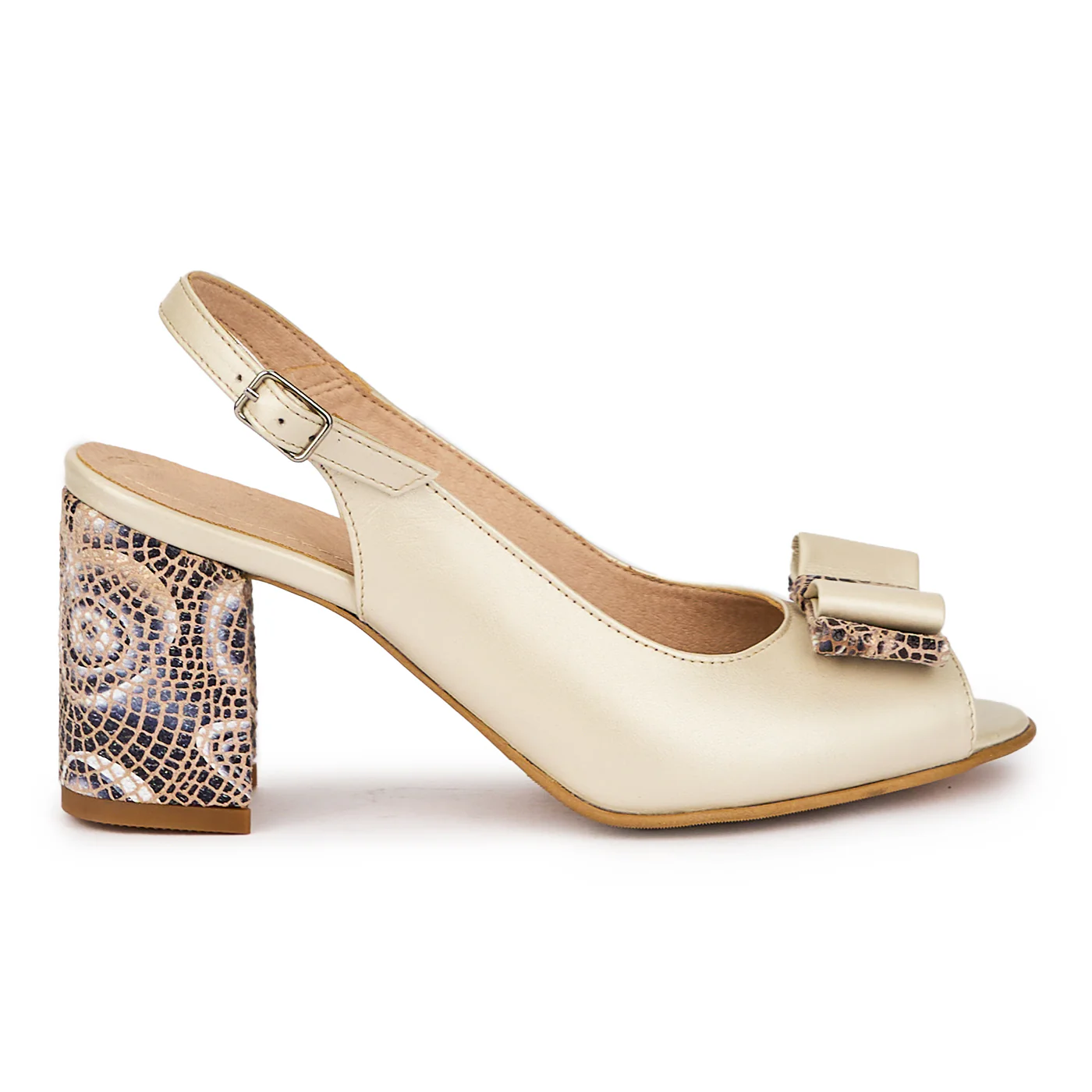 Sandale dama din piele naturala bej sidefat cu toc gros 8 cm 15508