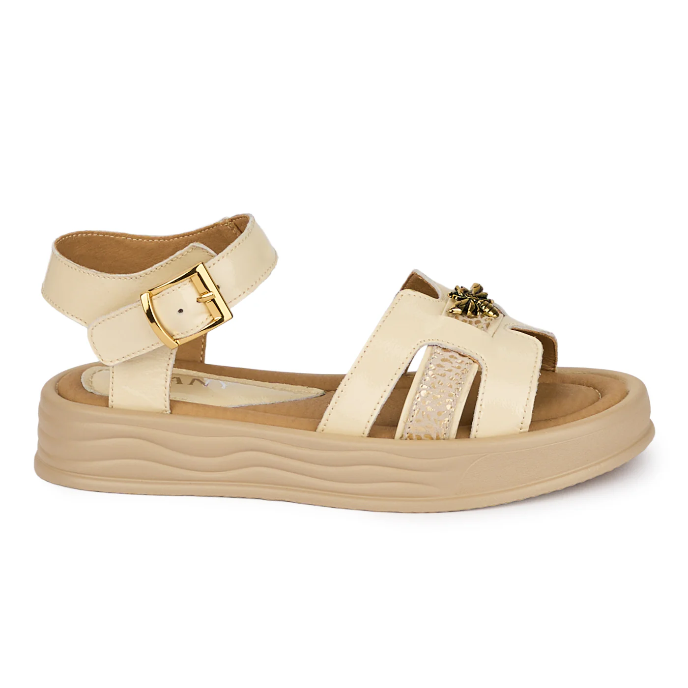 Sandale dama din piele naturala crem cu accesoriu 18389