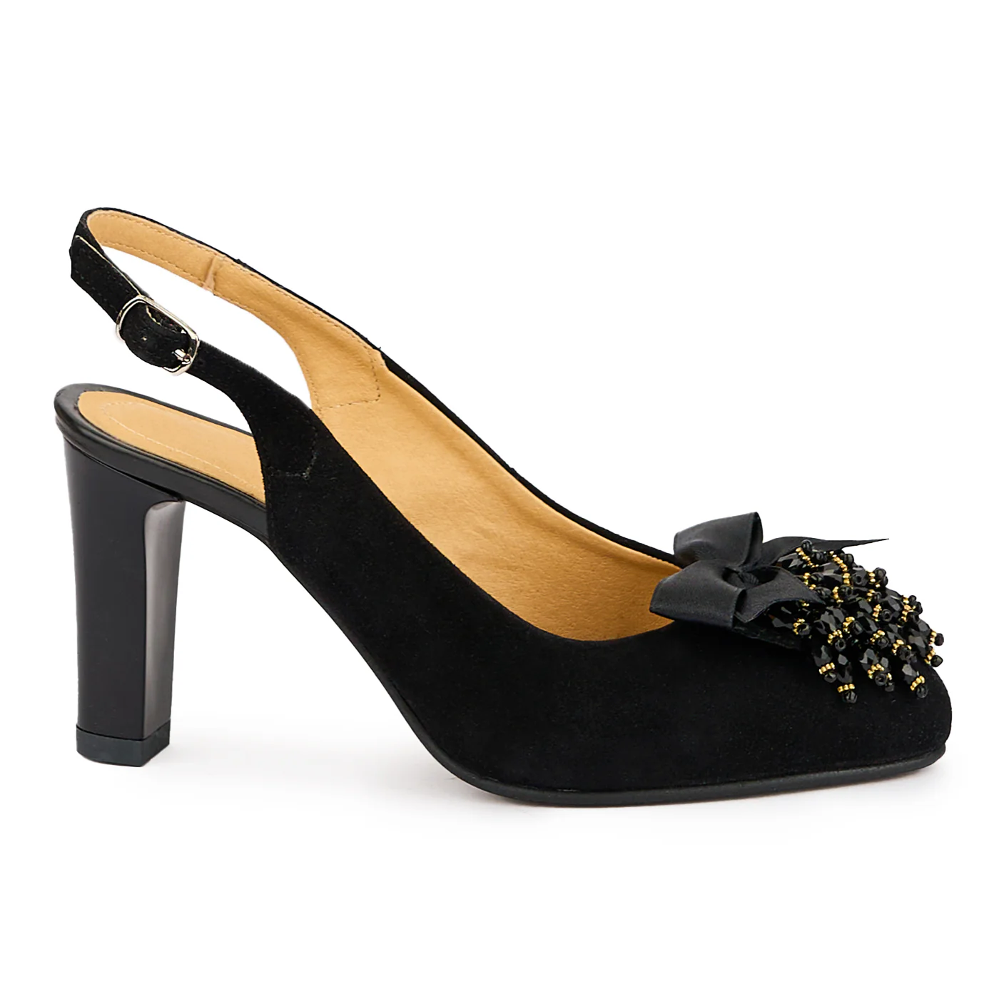 Sandale dama din piele naturala neagra cu accesoriu si toc gros 9 cm 16354