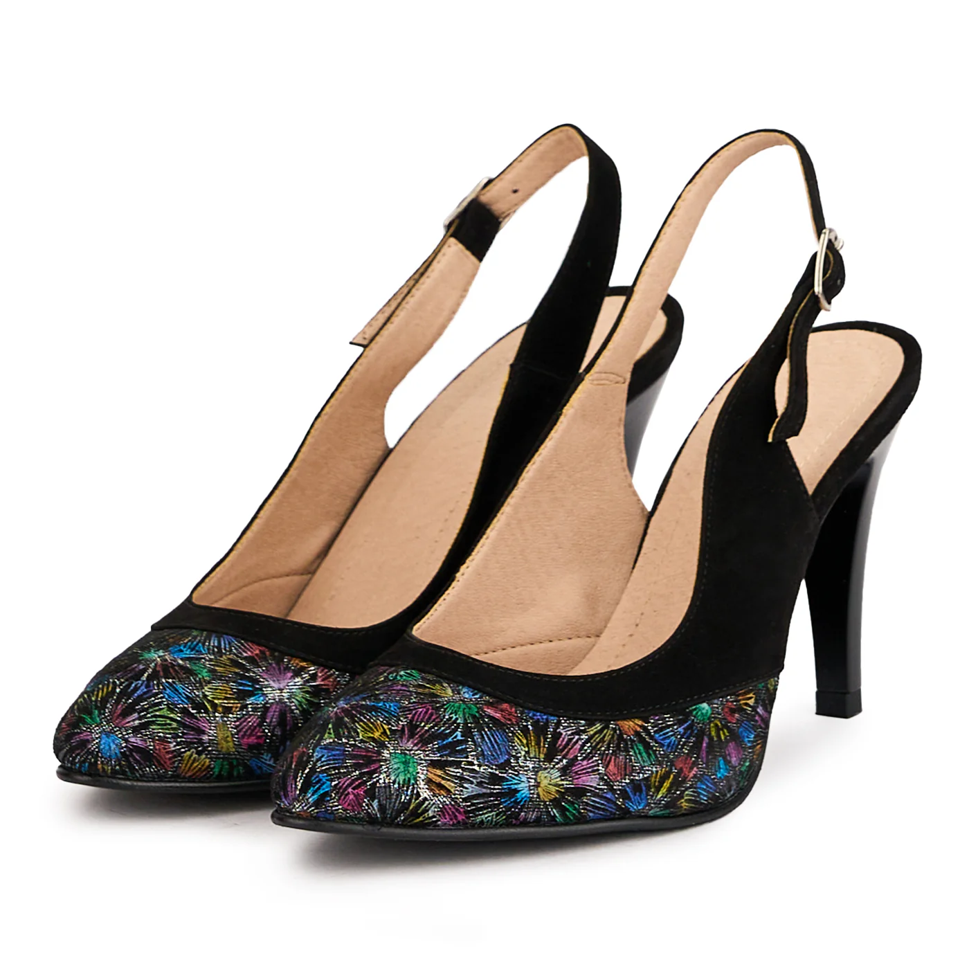 Sandale dama din piele naturala neagra cu model floral si toc subtire 9 cm 16648 - Image 2