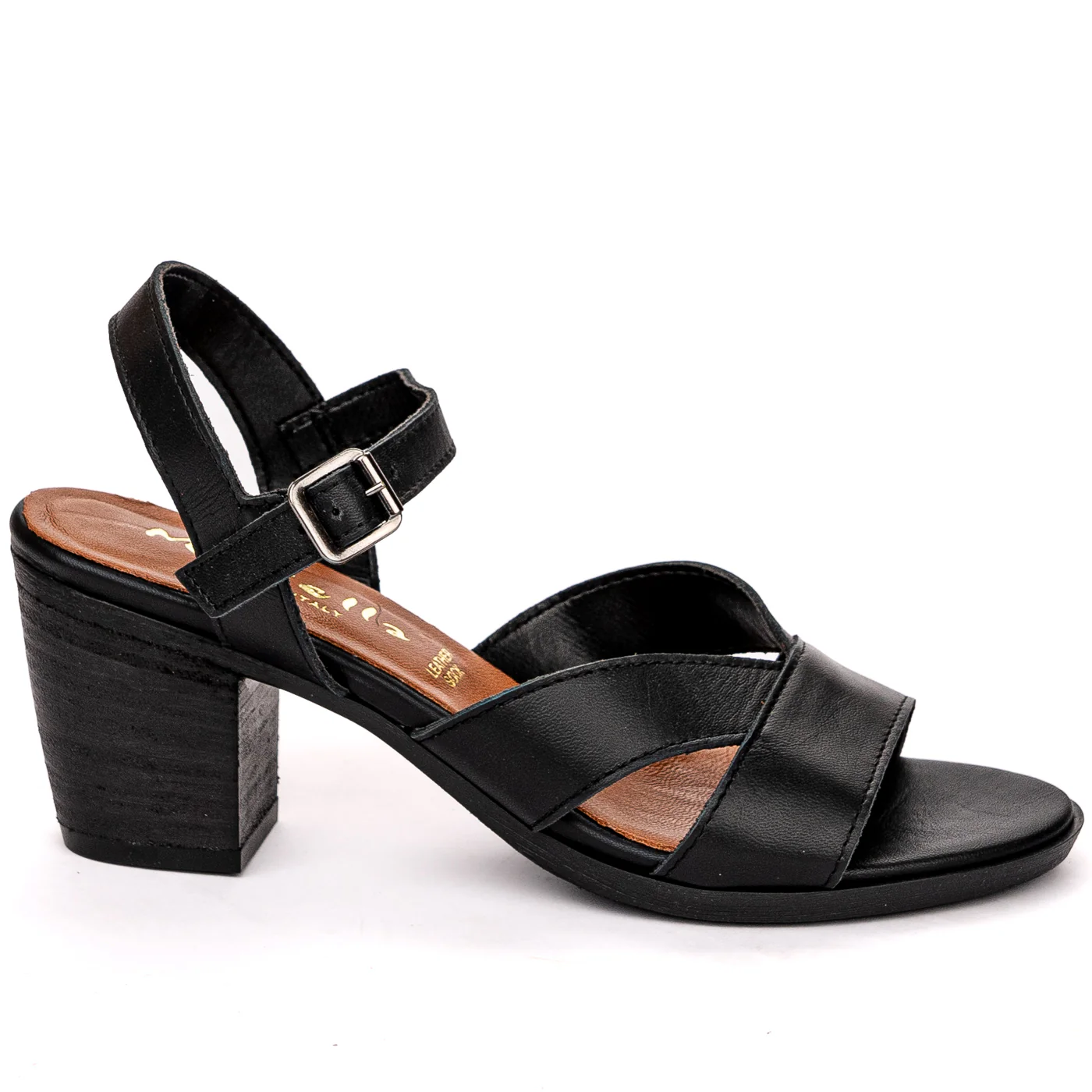Sandale dama din piele naturala neagra cu toc gros 13609