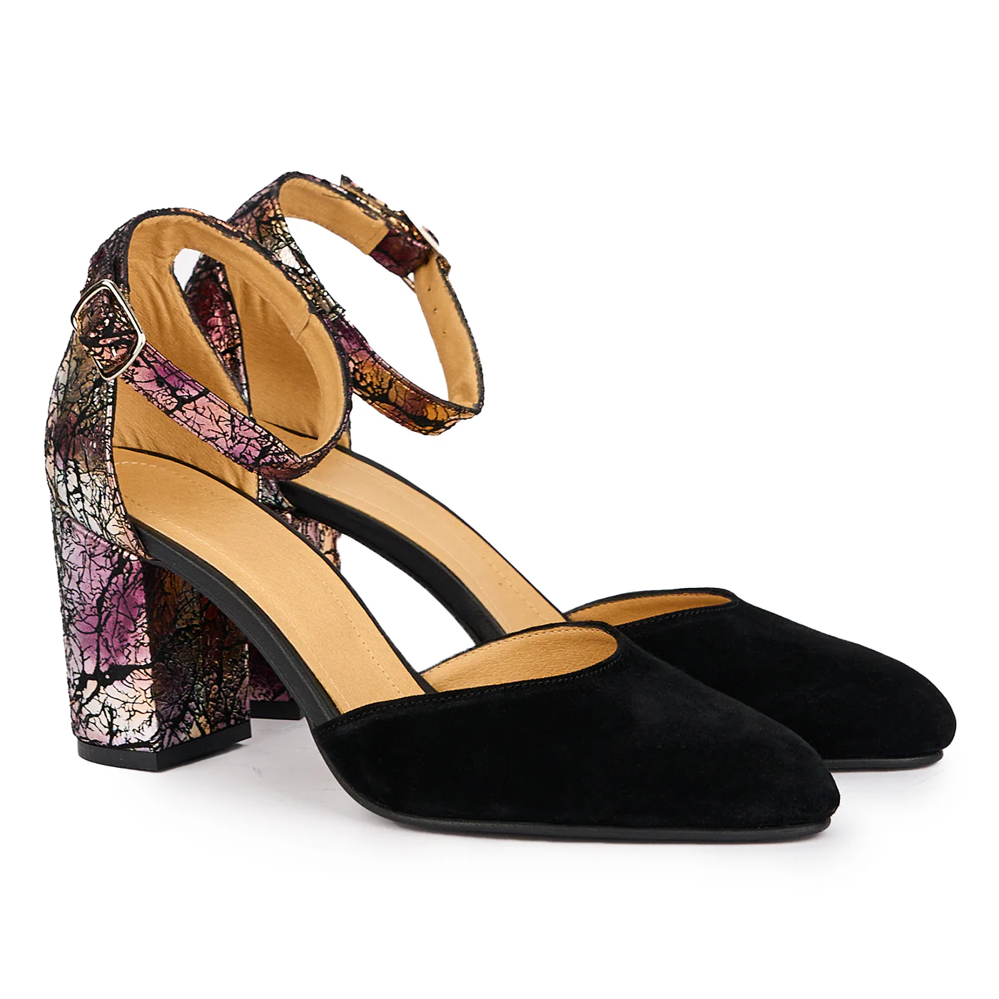 Sandale dama din piele naturala neagra + multicolor cu toc gros 7.5 cm 16958 - Image 4