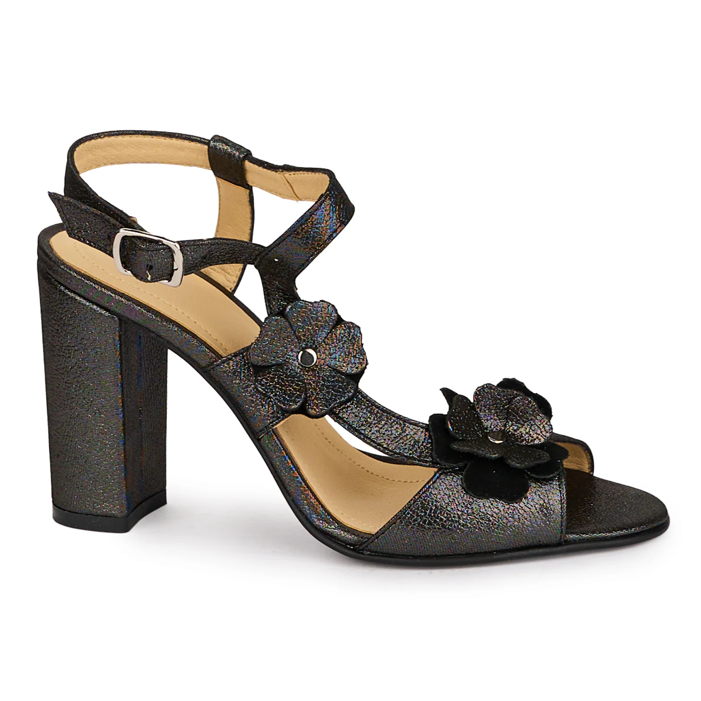 Sandale dama din piele naturala neagra sidef cu toc gros 9 cm 18556