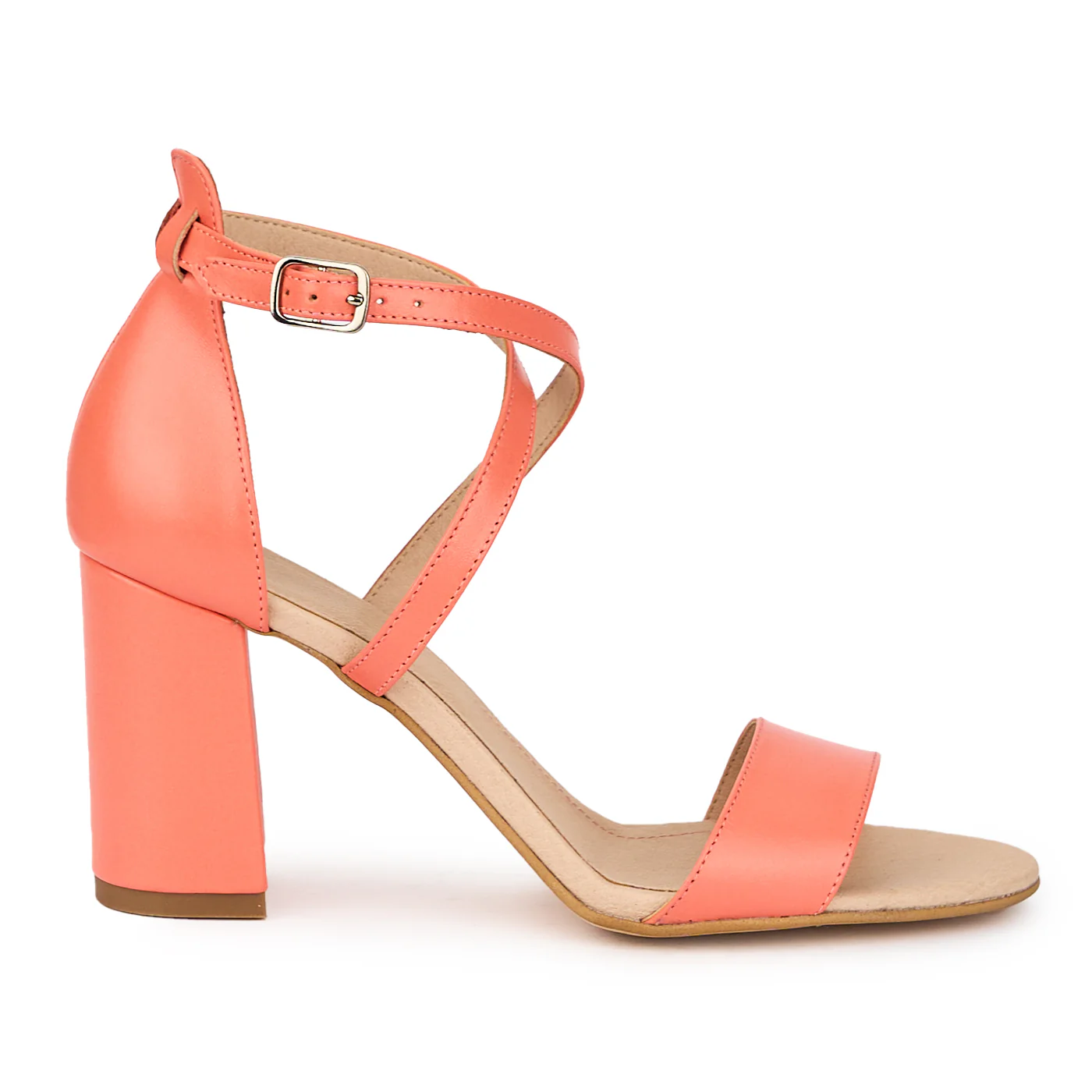 Sandale dama din piele naturala roz-coral cu toc gros 8.5 cm 15434