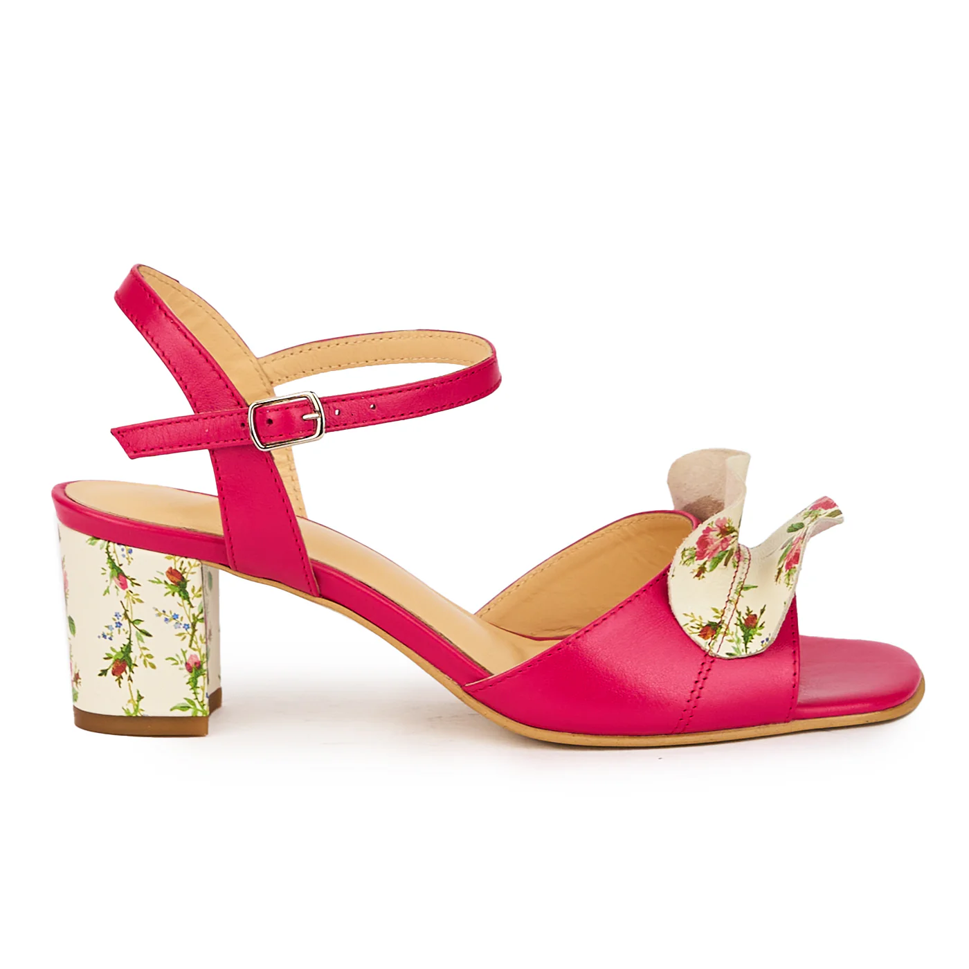 Sandale dama din piele naturala roz-fucsia cu toc gros 5.5 cm 15933