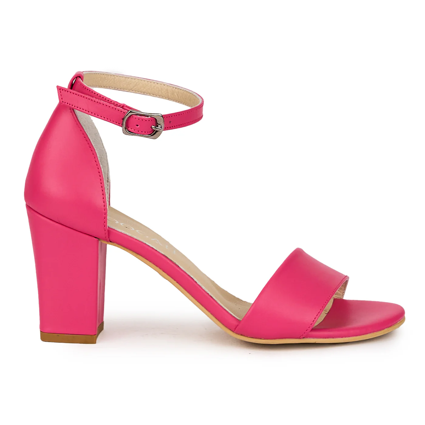 Sandale dama din piele naturala roz-fucsia cu toc gros 7.5 cm 15904
