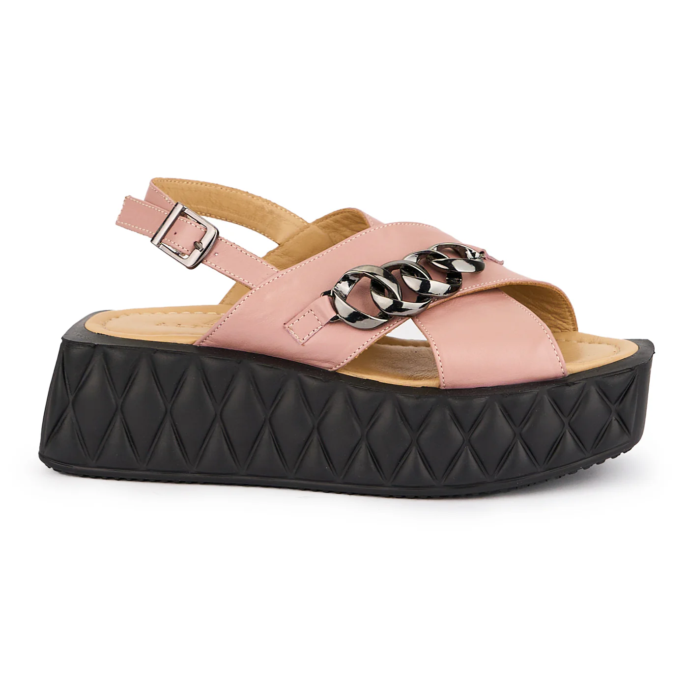 Sandale dama din piele naturala roz-sidefat cu talpa inalta 5.5 cm 16283