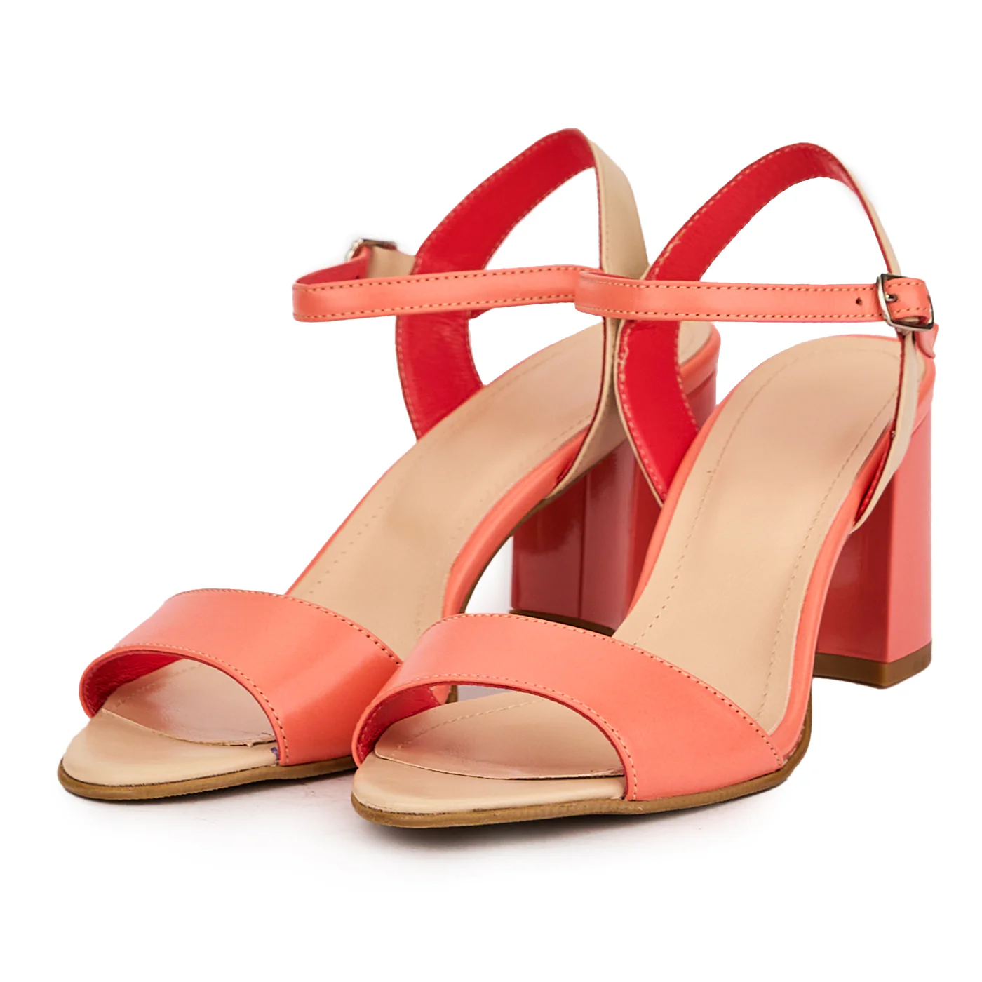 Sandale dama din piele naturala roz-somon cu toc gros 7.5 cm 16417 - Image 3