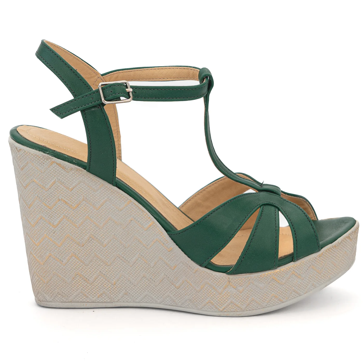 Sandale dama din piele naturala verde cu platforma 14045